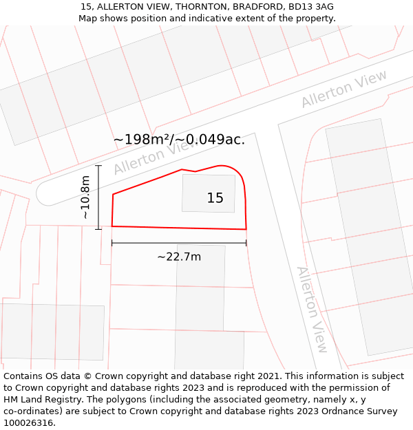 15, ALLERTON VIEW, THORNTON, BRADFORD, BD13 3AG: Plot and title map