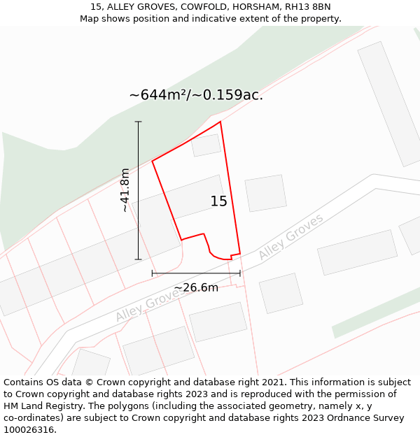 15, ALLEY GROVES, COWFOLD, HORSHAM, RH13 8BN: Plot and title map