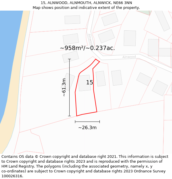 15, ALNWOOD, ALNMOUTH, ALNWICK, NE66 3NN: Plot and title map