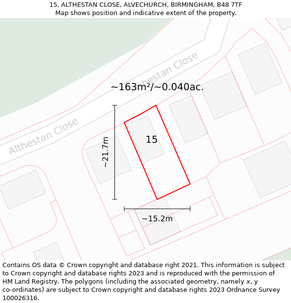 15, ALTHESTAN CLOSE, ALVECHURCH, BIRMINGHAM, B48 7TF: Plot and title map