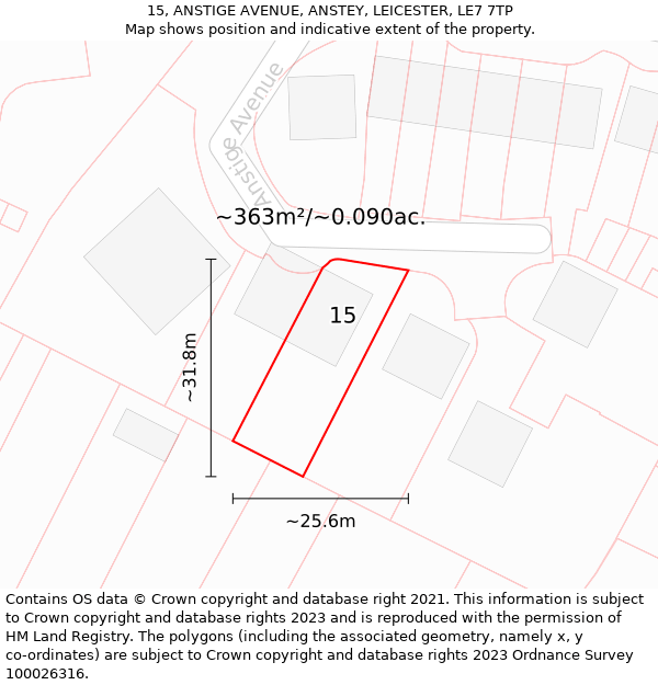 15, ANSTIGE AVENUE, ANSTEY, LEICESTER, LE7 7TP: Plot and title map