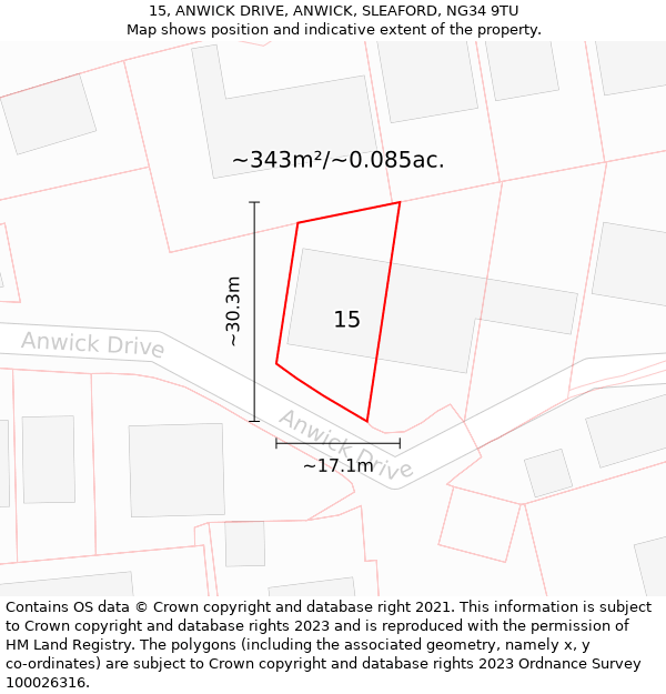 15, ANWICK DRIVE, ANWICK, SLEAFORD, NG34 9TU: Plot and title map