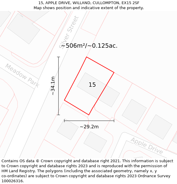 15, APPLE DRIVE, WILLAND, CULLOMPTON, EX15 2SF: Plot and title map