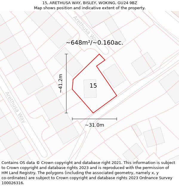 15, ARETHUSA WAY, BISLEY, WOKING, GU24 9BZ: Plot and title map