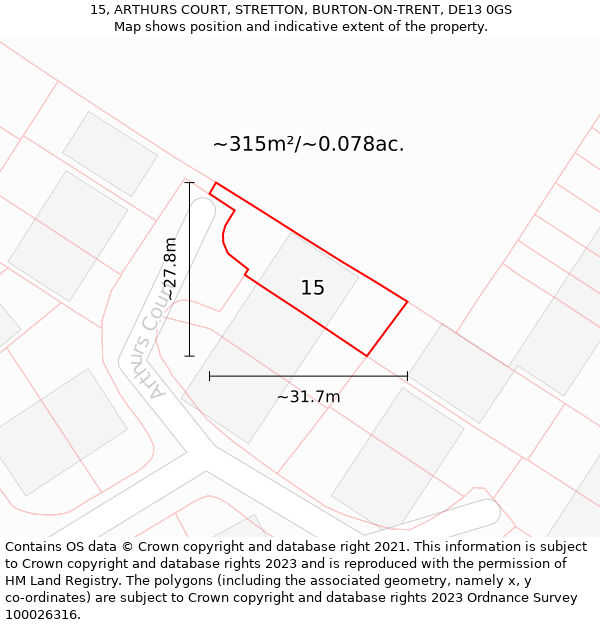 15, ARTHURS COURT, STRETTON, BURTON-ON-TRENT, DE13 0GS: Plot and title map