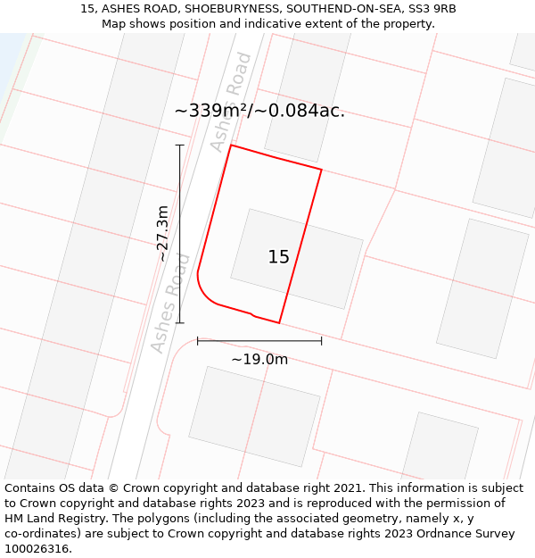 15, ASHES ROAD, SHOEBURYNESS, SOUTHEND-ON-SEA, SS3 9RB: Plot and title map