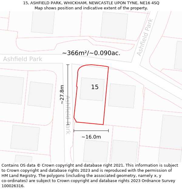 15, ASHFIELD PARK, WHICKHAM, NEWCASTLE UPON TYNE, NE16 4SQ: Plot and title map