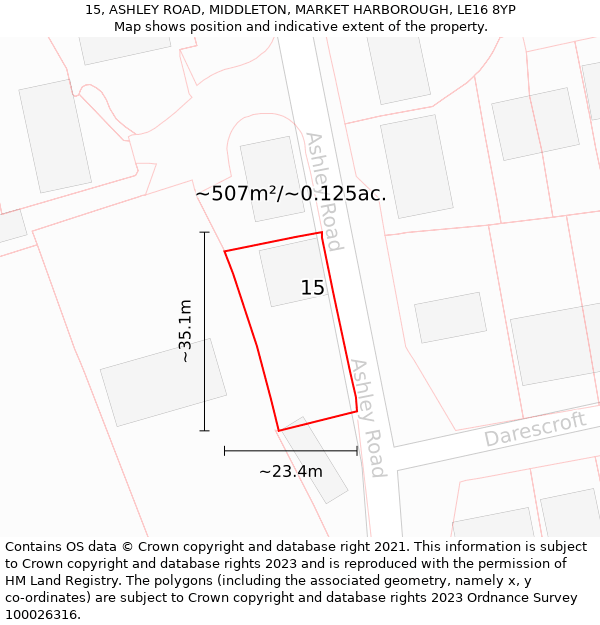 15, ASHLEY ROAD, MIDDLETON, MARKET HARBOROUGH, LE16 8YP: Plot and title map