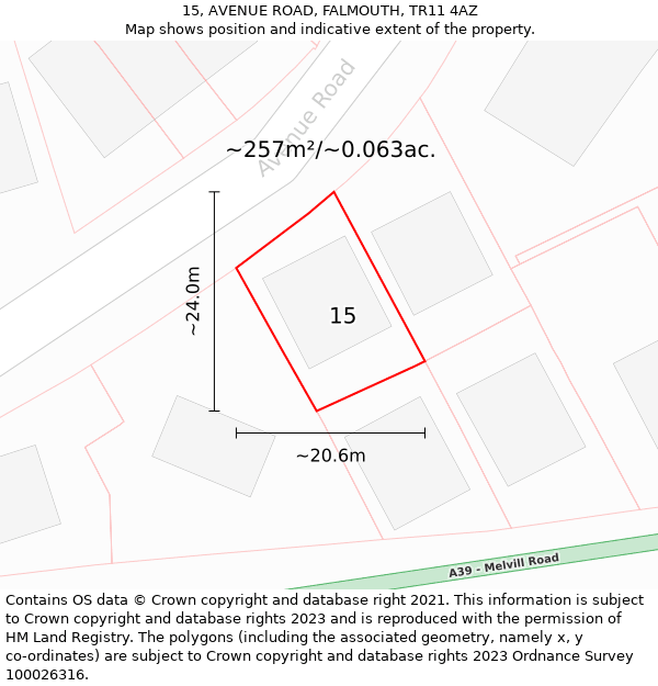 15, AVENUE ROAD, FALMOUTH, TR11 4AZ: Plot and title map