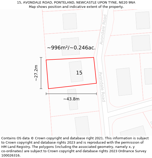 15, AVONDALE ROAD, PONTELAND, NEWCASTLE UPON TYNE, NE20 9NA: Plot and title map