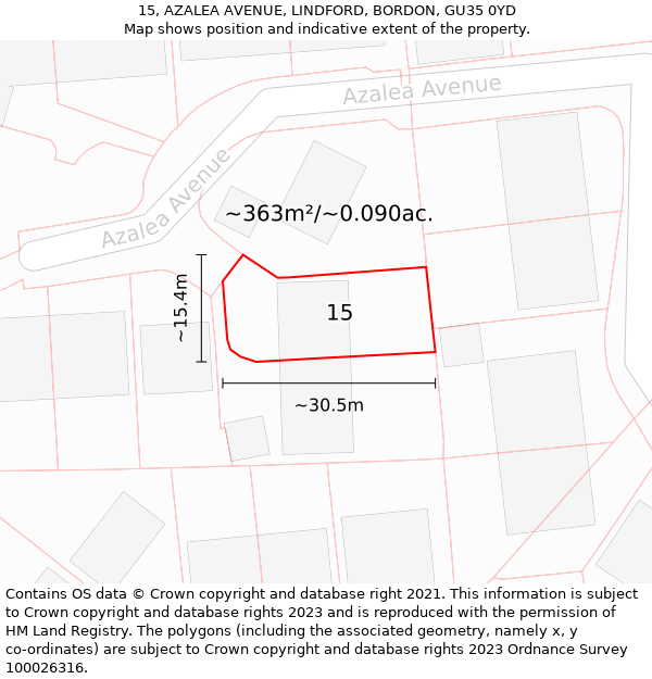 15, AZALEA AVENUE, LINDFORD, BORDON, GU35 0YD: Plot and title map