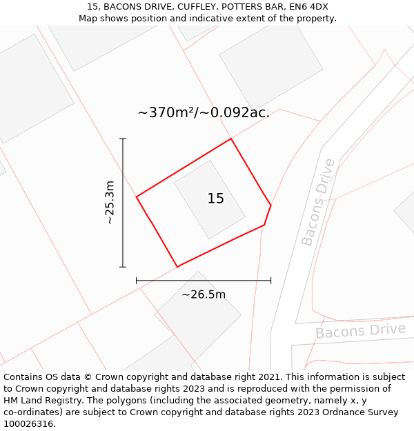 15, BACONS DRIVE, CUFFLEY, POTTERS BAR, EN6 4DX: Plot and title map