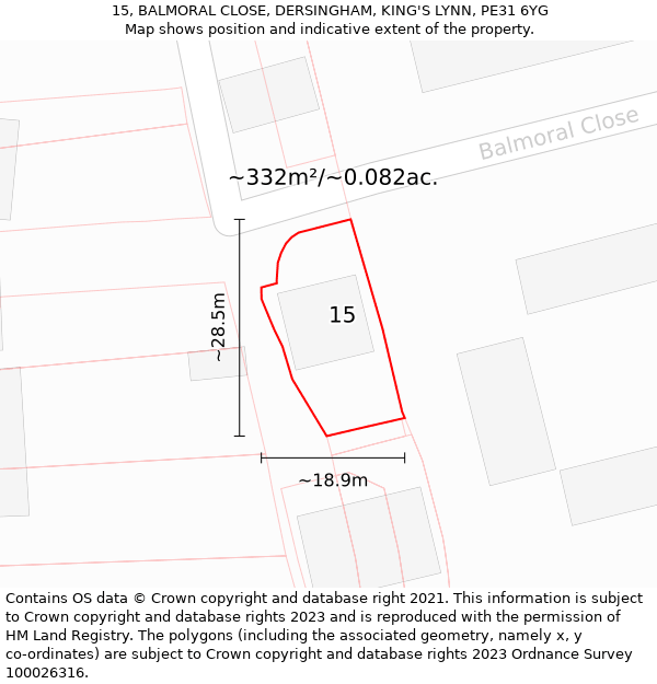 15, BALMORAL CLOSE, DERSINGHAM, KING'S LYNN, PE31 6YG: Plot and title map