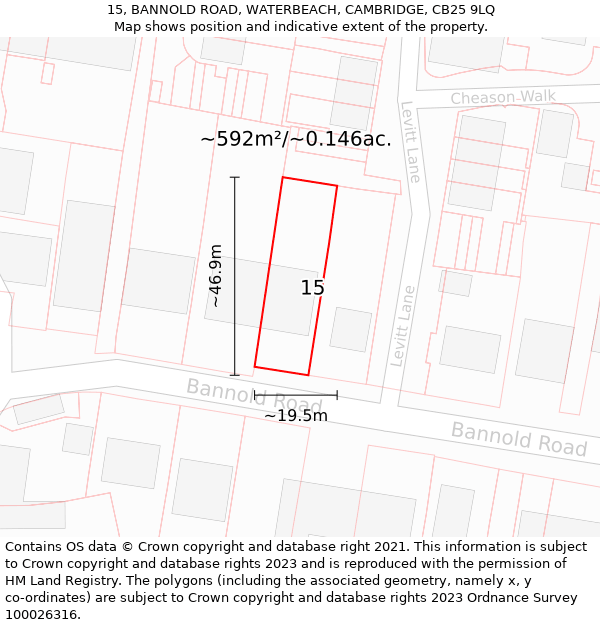 15, BANNOLD ROAD, WATERBEACH, CAMBRIDGE, CB25 9LQ: Plot and title map