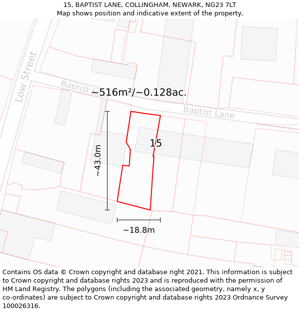 15, BAPTIST LANE, COLLINGHAM, NEWARK, NG23 7LT: Plot and title map