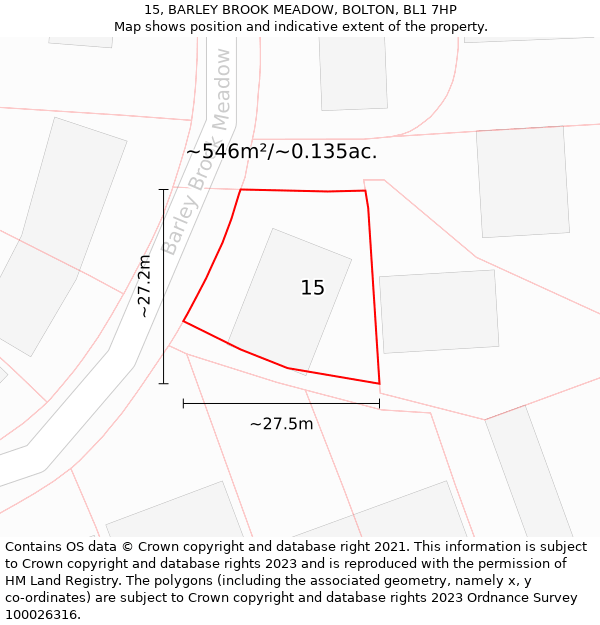 15, BARLEY BROOK MEADOW, BOLTON, BL1 7HP: Plot and title map