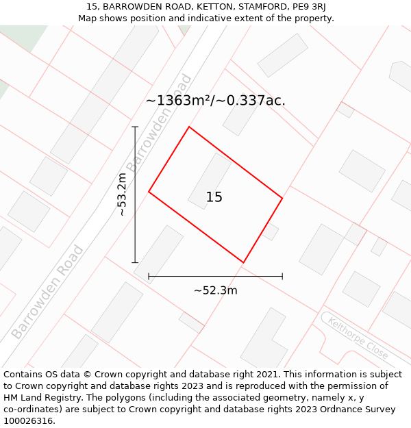 15, BARROWDEN ROAD, KETTON, STAMFORD, PE9 3RJ: Plot and title map