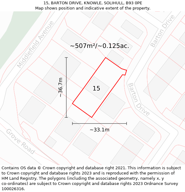 15, BARTON DRIVE, KNOWLE, SOLIHULL, B93 0PE: Plot and title map