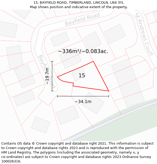 15, BAYFIELD ROAD, TIMBERLAND, LINCOLN, LN4 3YL: Plot and title map