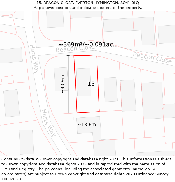 15, BEACON CLOSE, EVERTON, LYMINGTON, SO41 0LQ: Plot and title map