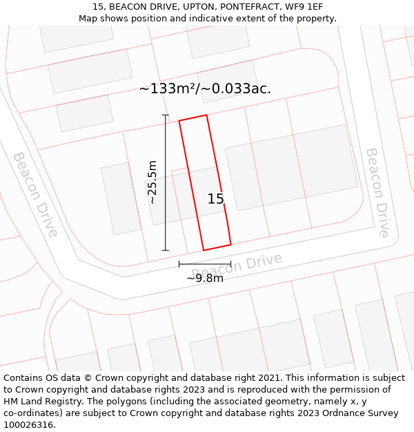 15, BEACON DRIVE, UPTON, PONTEFRACT, WF9 1EF: Plot and title map