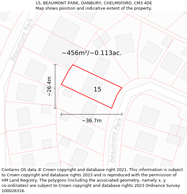 15, BEAUMONT PARK, DANBURY, CHELMSFORD, CM3 4DE: Plot and title map