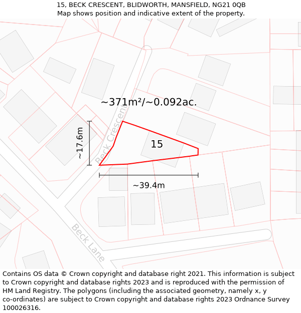 15, BECK CRESCENT, BLIDWORTH, MANSFIELD, NG21 0QB: Plot and title map