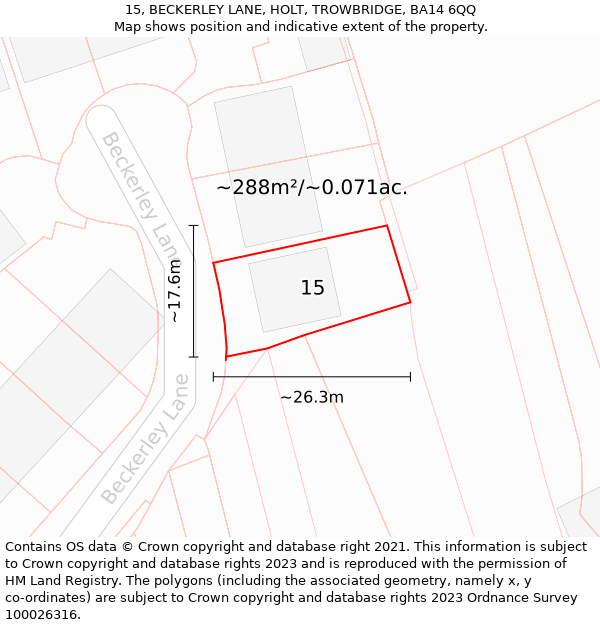 15, BECKERLEY LANE, HOLT, TROWBRIDGE, BA14 6QQ: Plot and title map