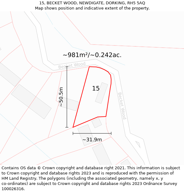 15, BECKET WOOD, NEWDIGATE, DORKING, RH5 5AQ: Plot and title map