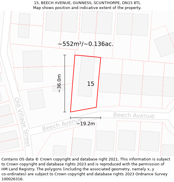 15, BEECH AVENUE, GUNNESS, SCUNTHORPE, DN15 8TL: Plot and title map