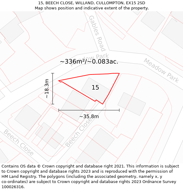 15, BEECH CLOSE, WILLAND, CULLOMPTON, EX15 2SD: Plot and title map