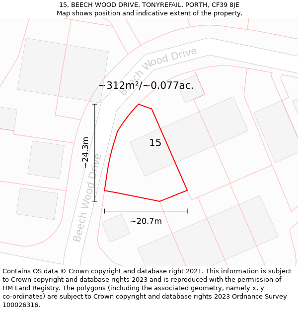 15, BEECH WOOD DRIVE, TONYREFAIL, PORTH, CF39 8JE: Plot and title map