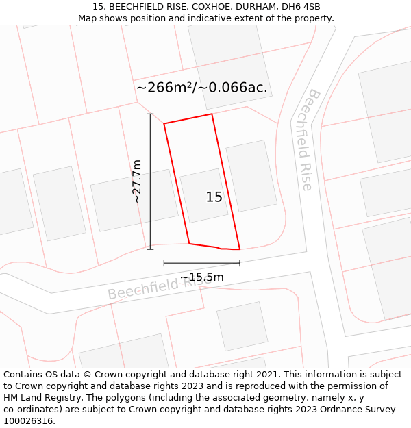 15, BEECHFIELD RISE, COXHOE, DURHAM, DH6 4SB: Plot and title map