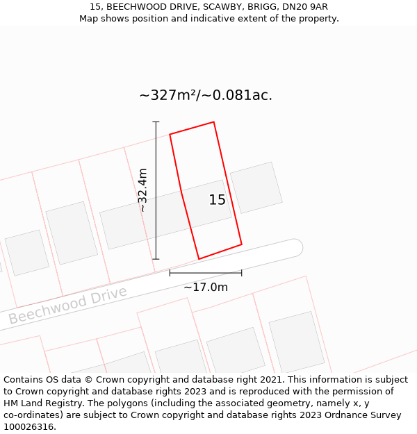 15, BEECHWOOD DRIVE, SCAWBY, BRIGG, DN20 9AR: Plot and title map