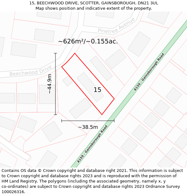 15, BEECHWOOD DRIVE, SCOTTER, GAINSBOROUGH, DN21 3UL: Plot and title map