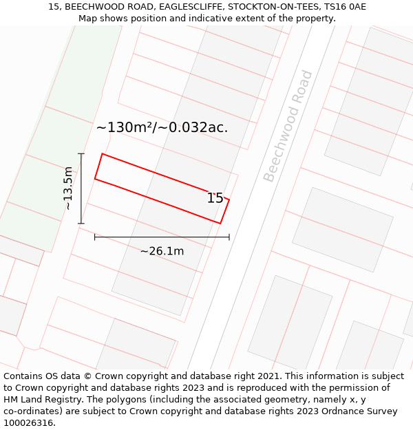 15, BEECHWOOD ROAD, EAGLESCLIFFE, STOCKTON-ON-TEES, TS16 0AE: Plot and title map