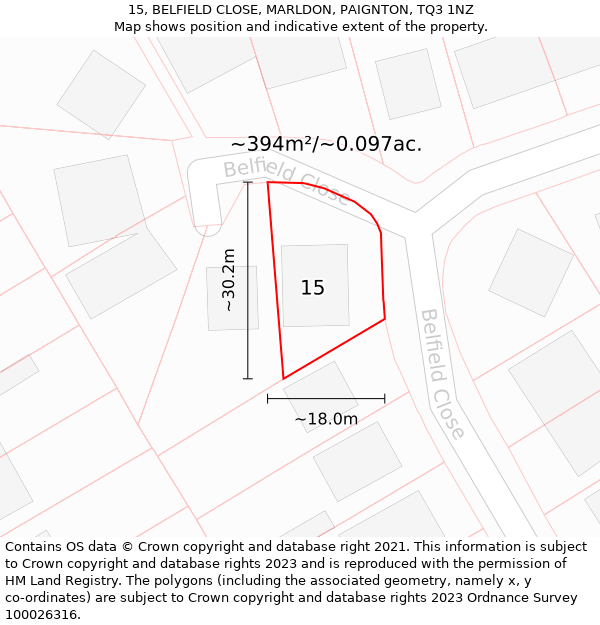 15, BELFIELD CLOSE, MARLDON, PAIGNTON, TQ3 1NZ: Plot and title map