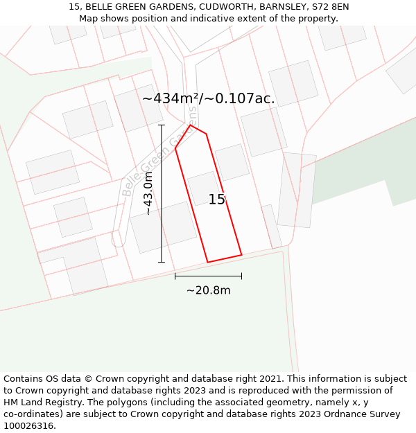 15, BELLE GREEN GARDENS, CUDWORTH, BARNSLEY, S72 8EN: Plot and title map