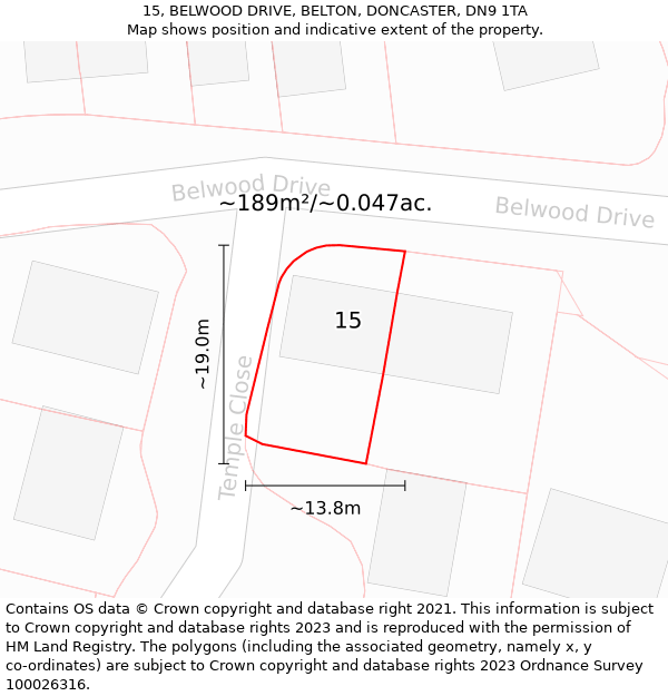 15, BELWOOD DRIVE, BELTON, DONCASTER, DN9 1TA: Plot and title map