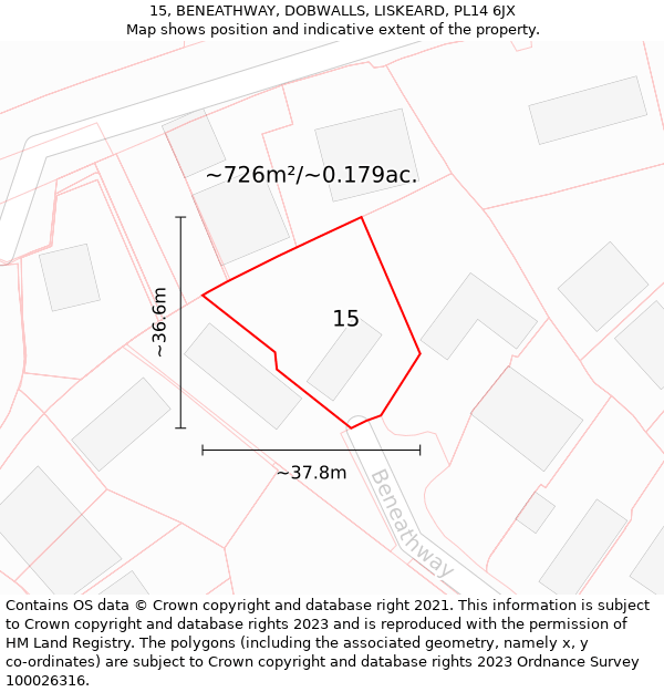 15, BENEATHWAY, DOBWALLS, LISKEARD, PL14 6JX: Plot and title map