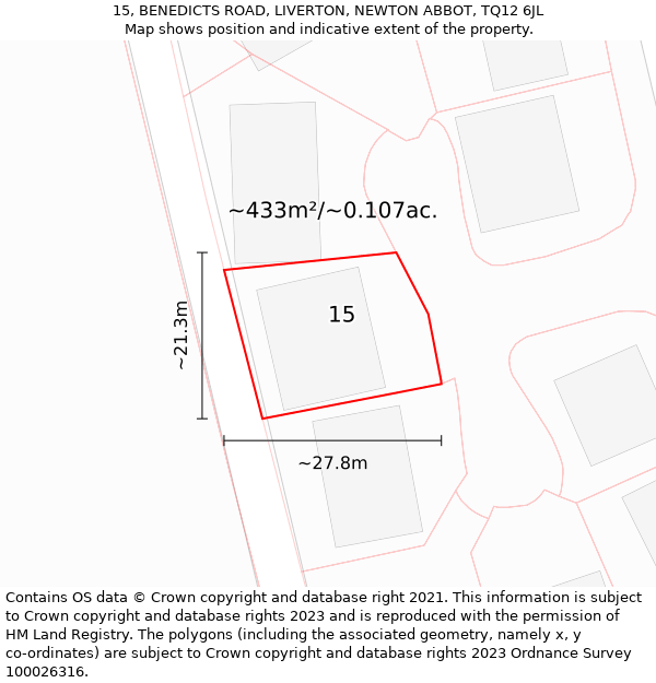 15, BENEDICTS ROAD, LIVERTON, NEWTON ABBOT, TQ12 6JL: Plot and title map