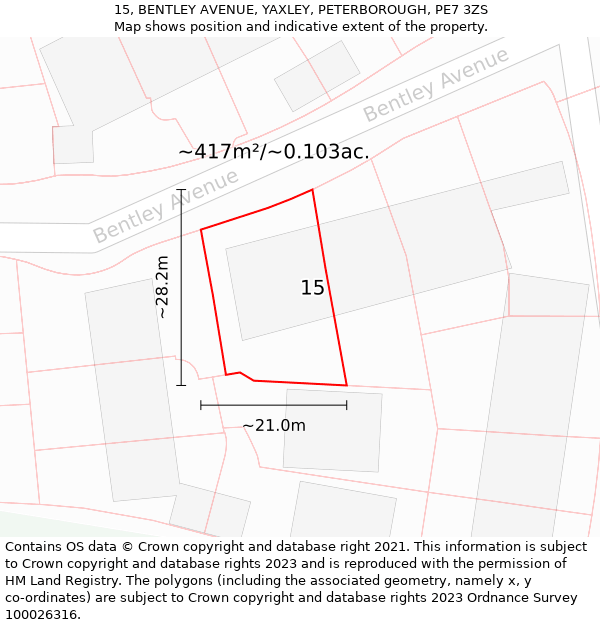 15, BENTLEY AVENUE, YAXLEY, PETERBOROUGH, PE7 3ZS: Plot and title map