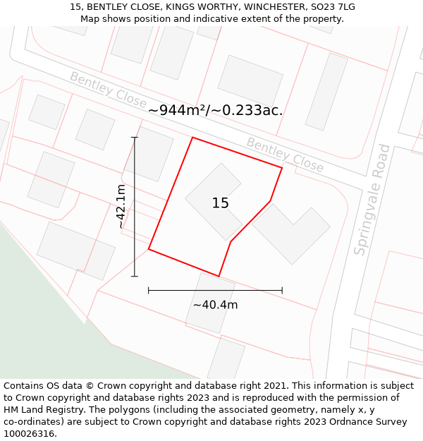 15, BENTLEY CLOSE, KINGS WORTHY, WINCHESTER, SO23 7LG: Plot and title map