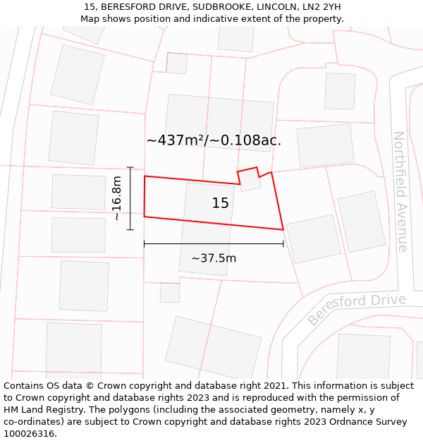 15, BERESFORD DRIVE, SUDBROOKE, LINCOLN, LN2 2YH: Plot and title map