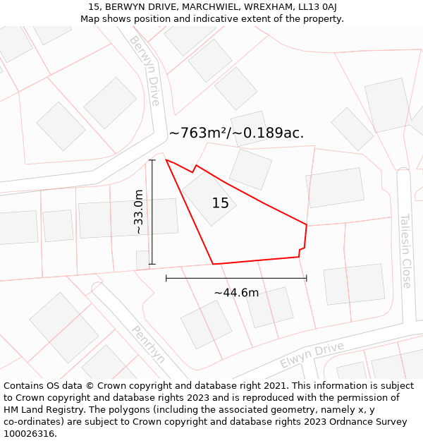 15, BERWYN DRIVE, MARCHWIEL, WREXHAM, LL13 0AJ: Plot and title map