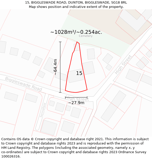 15, BIGGLESWADE ROAD, DUNTON, BIGGLESWADE, SG18 8RL: Plot and title map