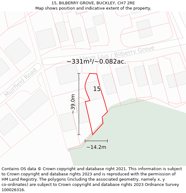 15, BILBERRY GROVE, BUCKLEY, CH7 2RE: Plot and title map