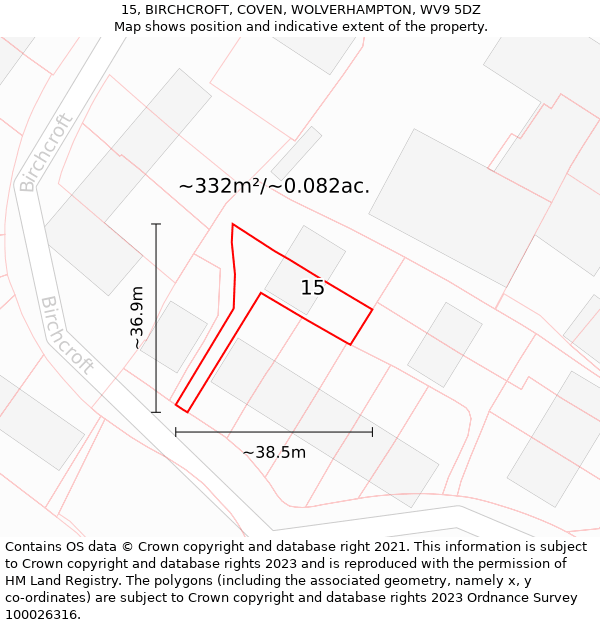 15, BIRCHCROFT, COVEN, WOLVERHAMPTON, WV9 5DZ: Plot and title map