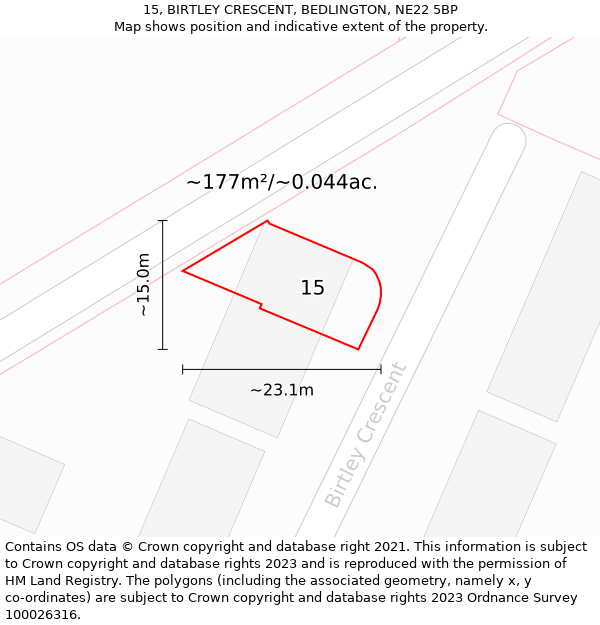 15, BIRTLEY CRESCENT, BEDLINGTON, NE22 5BP: Plot and title map