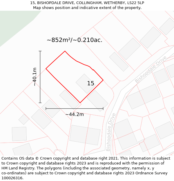 15, BISHOPDALE DRIVE, COLLINGHAM, WETHERBY, LS22 5LP: Plot and title map